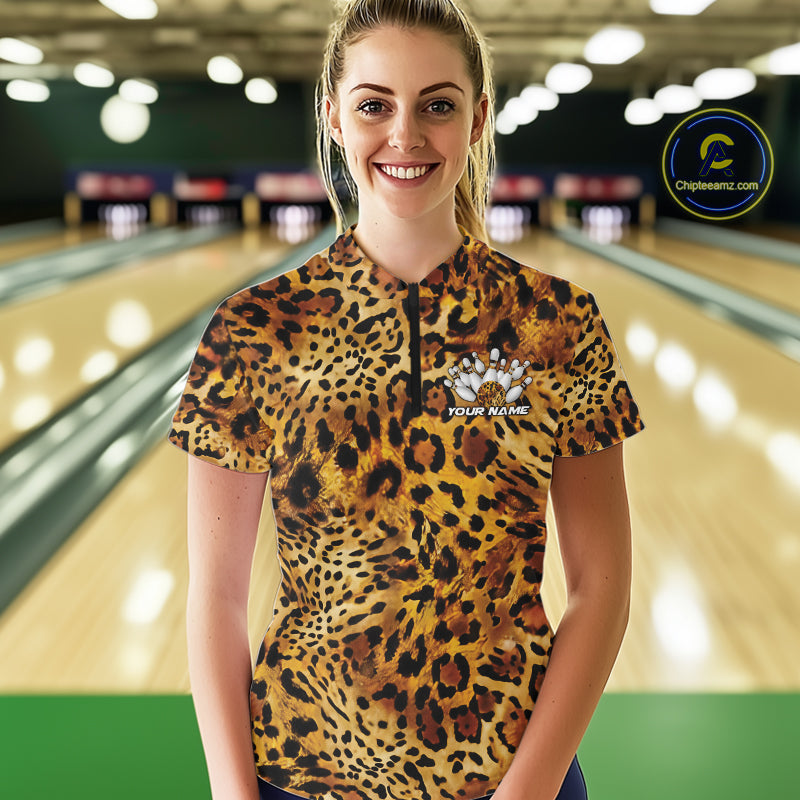 Custom Leopard Cheetah Pattern Bowling Quarter-Zip Shirts, Zebra Bowling Jerseys