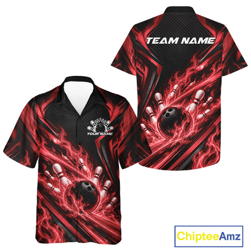 Black And Red Flame Custom Bowling Team And Button Up Shirt, Matching Bowling Jersey
