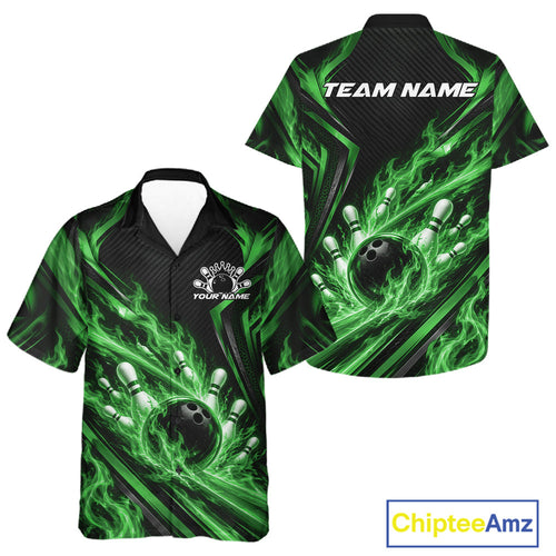 Black And Green Flame Custom Bowling Team And Button Up Shirt, Matching Bowling Jersey