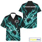Turquoise Blue Flame Custom Bowling Team And Button Up Shirt, Matching Bowling Jersey