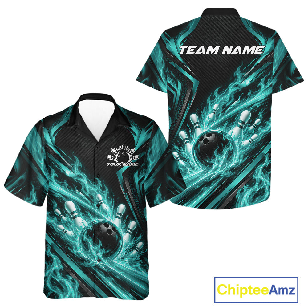 Turquoise Blue Flame Custom Bowling Team And Button Up Shirt, Matching Bowling Jersey