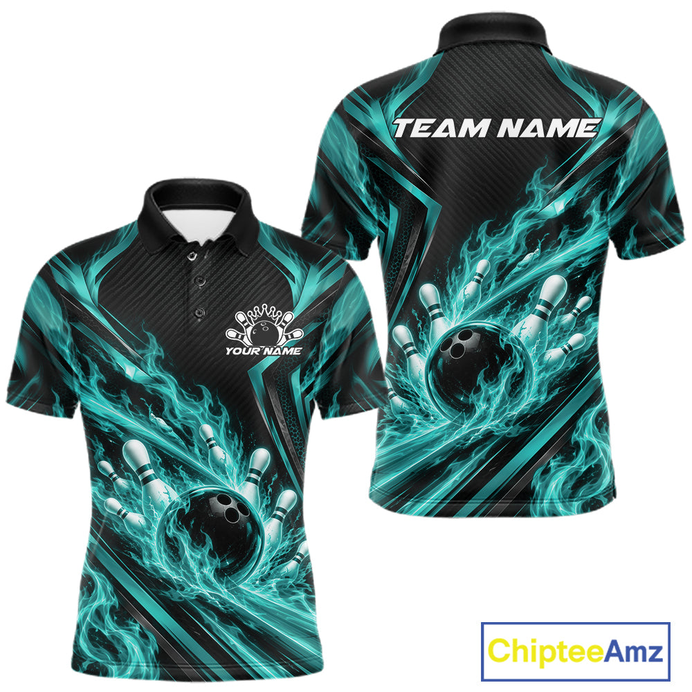 Turquoise Blue Flame Custom Bowling Team Polo Shirt, Matching Bowling Jersey