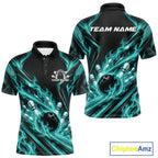 Turquoise Blue Flame Custom Bowling Team Polo Shirt, Matching Bowling Jersey