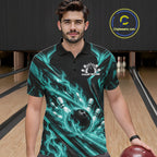Turquoise Blue Flame Custom Bowling Team Polo Shirt, Matching Bowling Jersey
