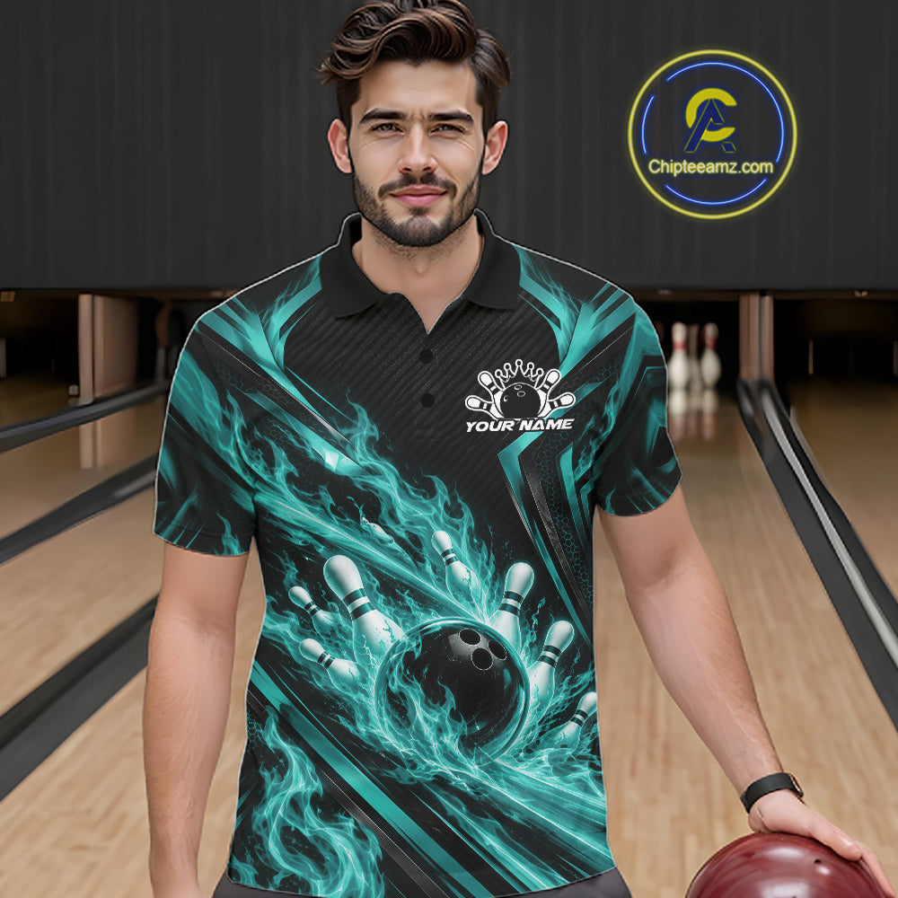 Turquoise Blue Flame Custom Bowling Team Polo Shirt, Matching Bowling Jersey