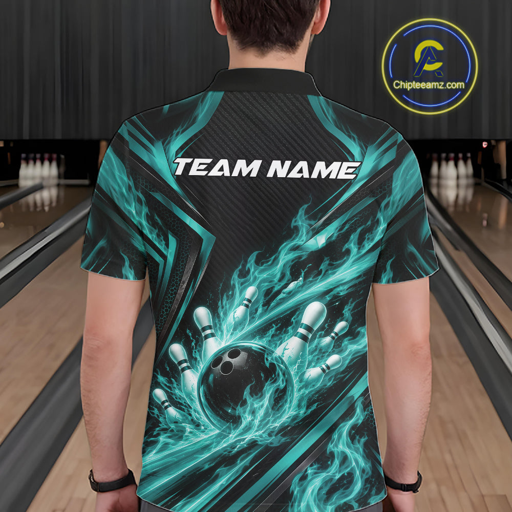 Turquoise Blue Flame Custom Bowling Team Polo Shirt, Matching Bowling Jersey