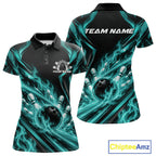 Turquoise Blue Flame Custom Bowling Team Polo Shirt, Matching Bowling Jersey