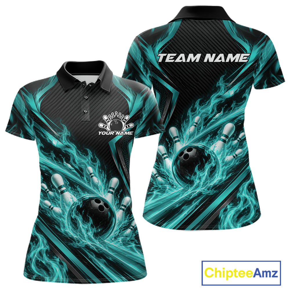 Turquoise Blue Flame Custom Bowling Team Polo Shirt, Matching Bowling Jersey
