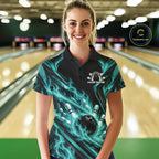 Turquoise Blue Flame Custom Bowling Team Polo Shirt, Matching Bowling Jersey