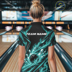 Turquoise Blue Flame Custom Bowling Team Polo Shirt, Matching Bowling Jersey