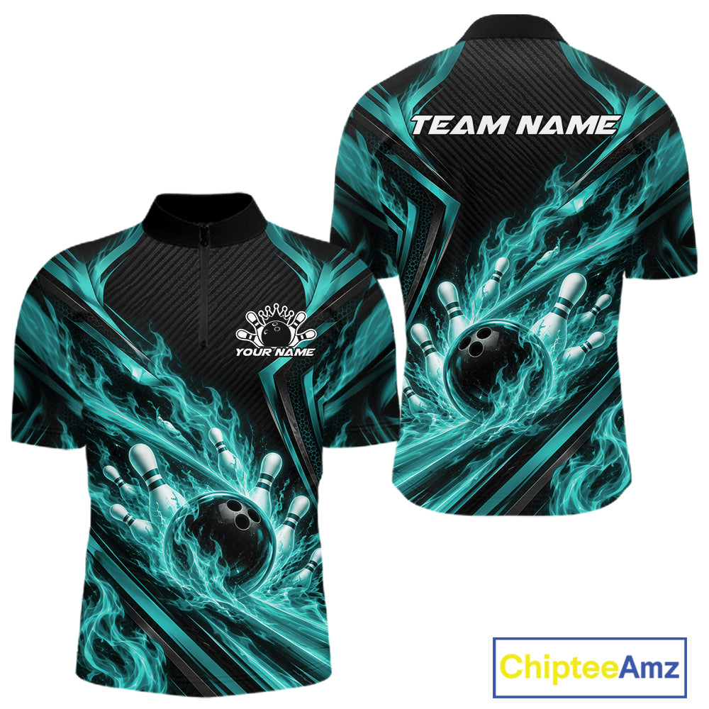 Turquoise Blue Flame Custom Bowling Team Quarter Zip Shirt, Matching Bowling Jersey