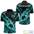 Turquoise Blue Flame Custom Bowling Team Quarter Zip Shirt, Matching Bowling Jersey
