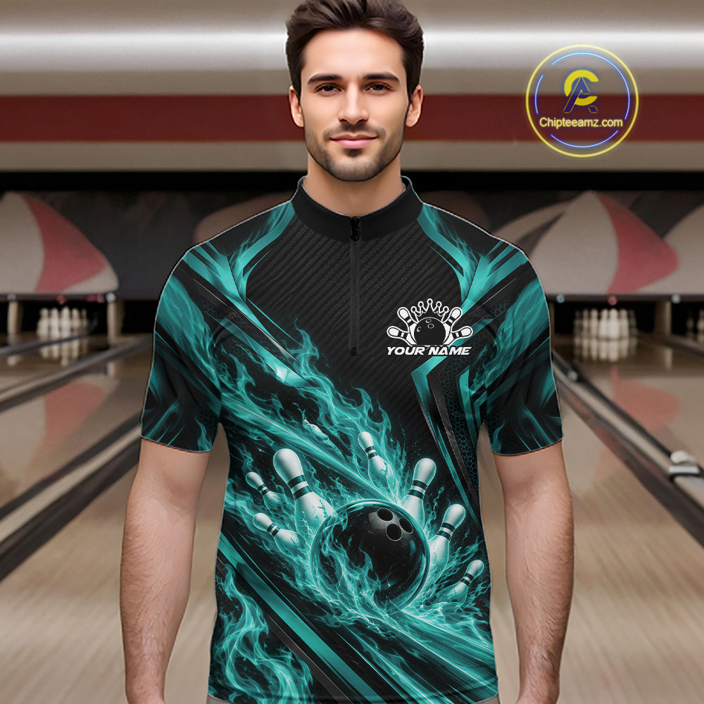 Turquoise Blue Flame Custom Bowling Team Quarter Zip Shirt, Matching Bowling Jersey