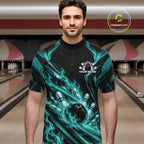 Turquoise Blue Flame Custom Bowling Team Quarter Zip Shirt, Matching Bowling Jersey