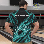 Turquoise Blue Flame Custom Bowling Team Quarter Zip Shirt, Matching Bowling Jersey