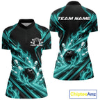 Turquoise Blue Flame Custom Bowling Quarter-Zip Shirt, Matching Bowling Jersey