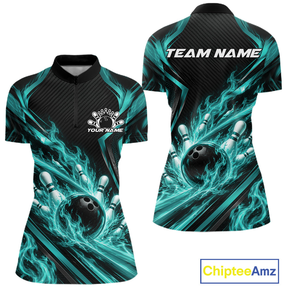 Turquoise Blue Flame Custom Bowling Quarter-Zip Shirt, Matching Bowling Jersey