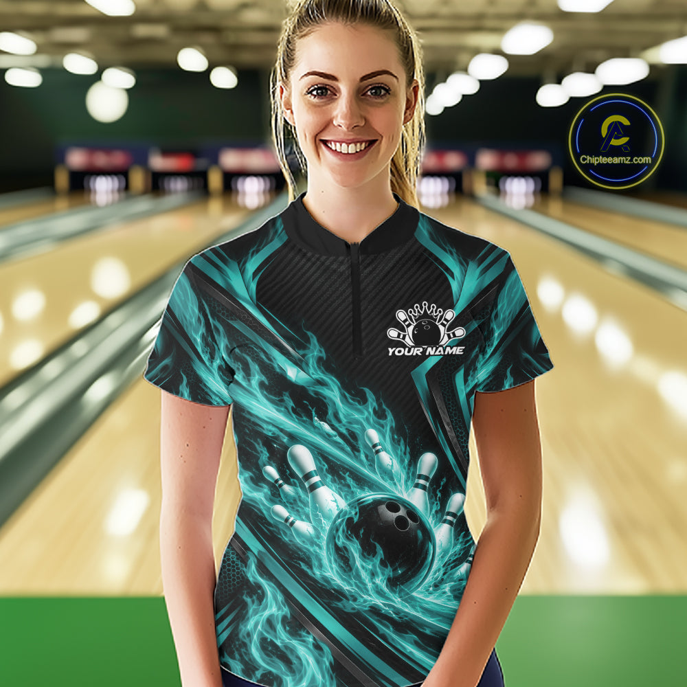 Turquoise Blue Flame Custom Bowling Quarter-Zip Shirt, Matching Bowling Jersey