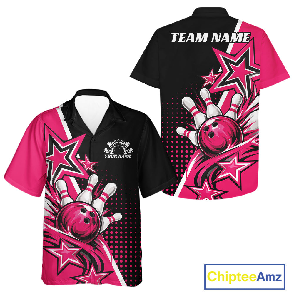 Custom Black And Pink Star Bowling Jersey, Bowling League Team And Button Up Shirt