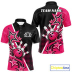 Custom Black And Pink Star Bowling Jersey, Bowling League Team Polo Shirt