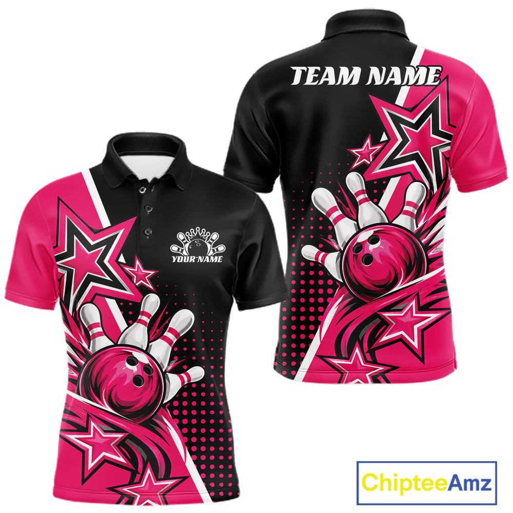 Custom Black And Pink Star Bowling Jersey, Bowling League Team Polo Shirt