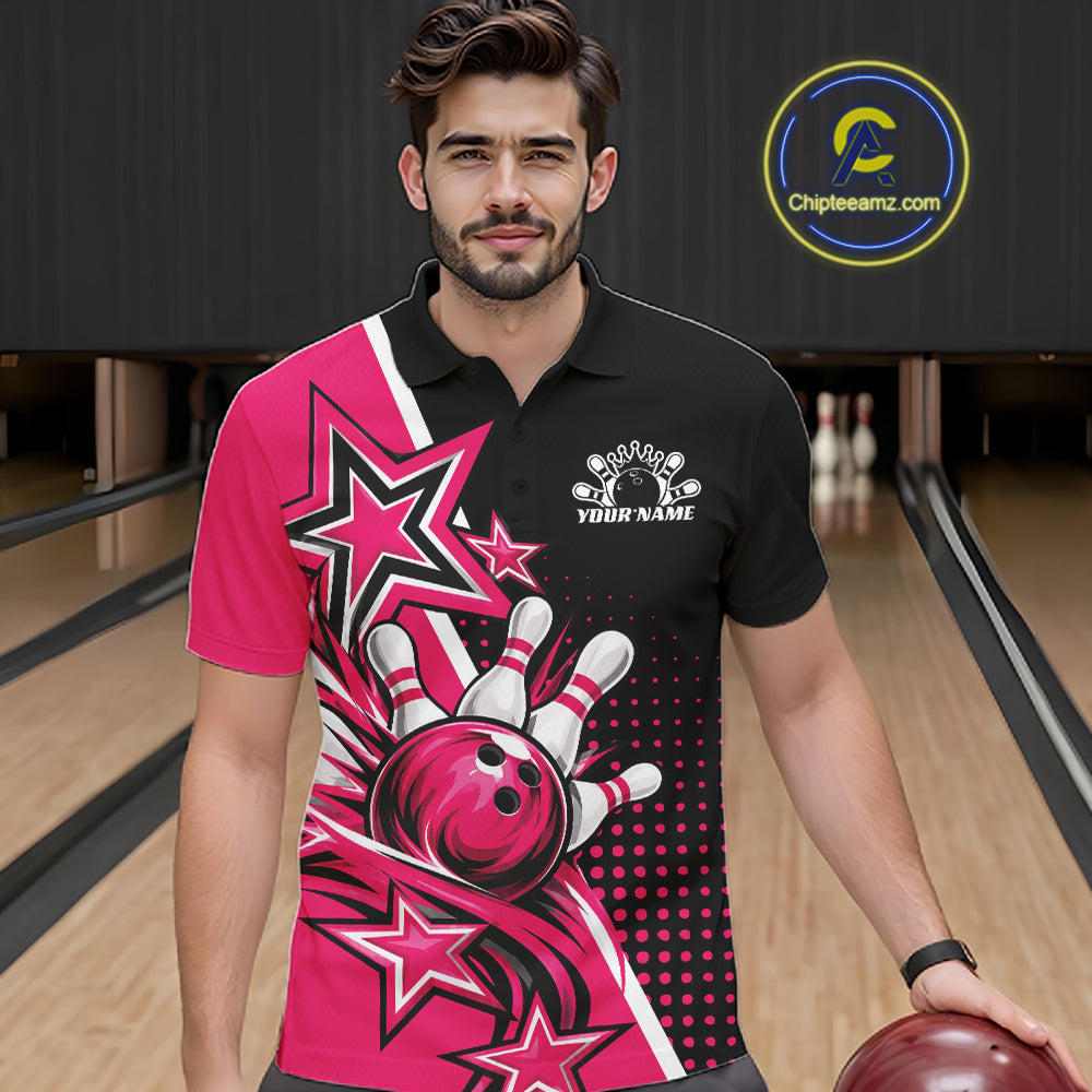 Custom Black And Pink Star Bowling Jersey, Bowling League Team Polo Shirt
