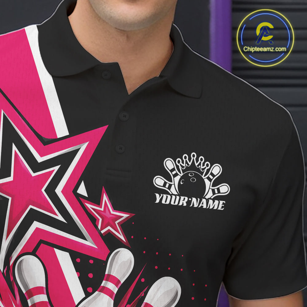 Custom Black And Pink Star Bowling Jersey, Bowling League Team Polo Shirt