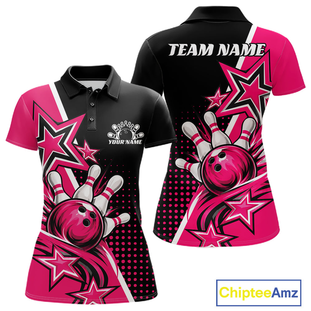 Custom Black And Pink Star Bowling Jersey, Bowling League Team Polo Shirt