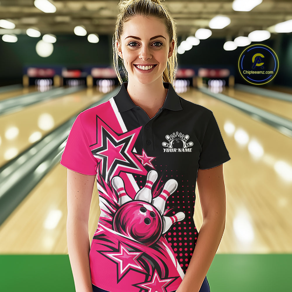 Custom Black And Pink Star Bowling Jersey, Bowling League Team Polo Shirt