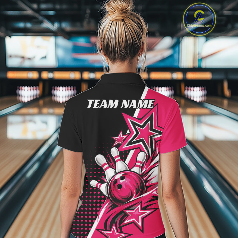 Custom Black And Pink Star Bowling Jersey, Bowling League Team Polo Shirt