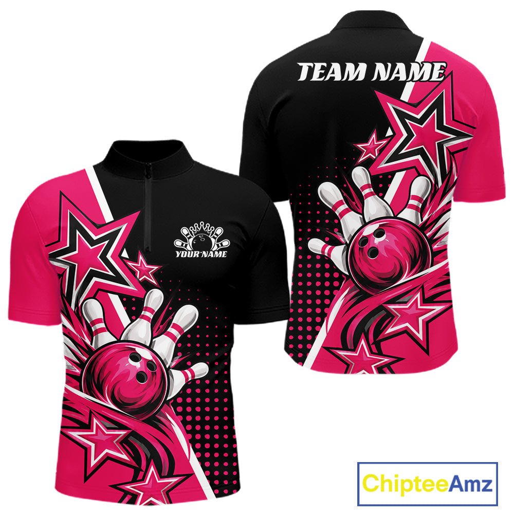 Custom Black And Pink Star Bowling Jersey, Bowling League Team Quarter Zip Shirt