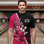 Custom Black And Pink Star Bowling Jersey, Bowling League Team Quarter Zip Shirt