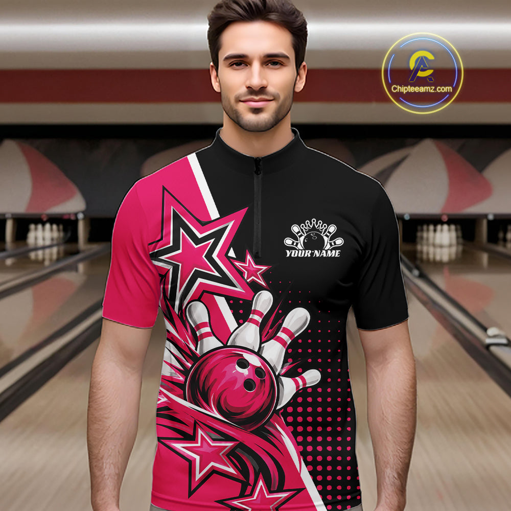 Custom Black And Pink Star Bowling Jersey, Bowling League Team Quarter Zip Shirt