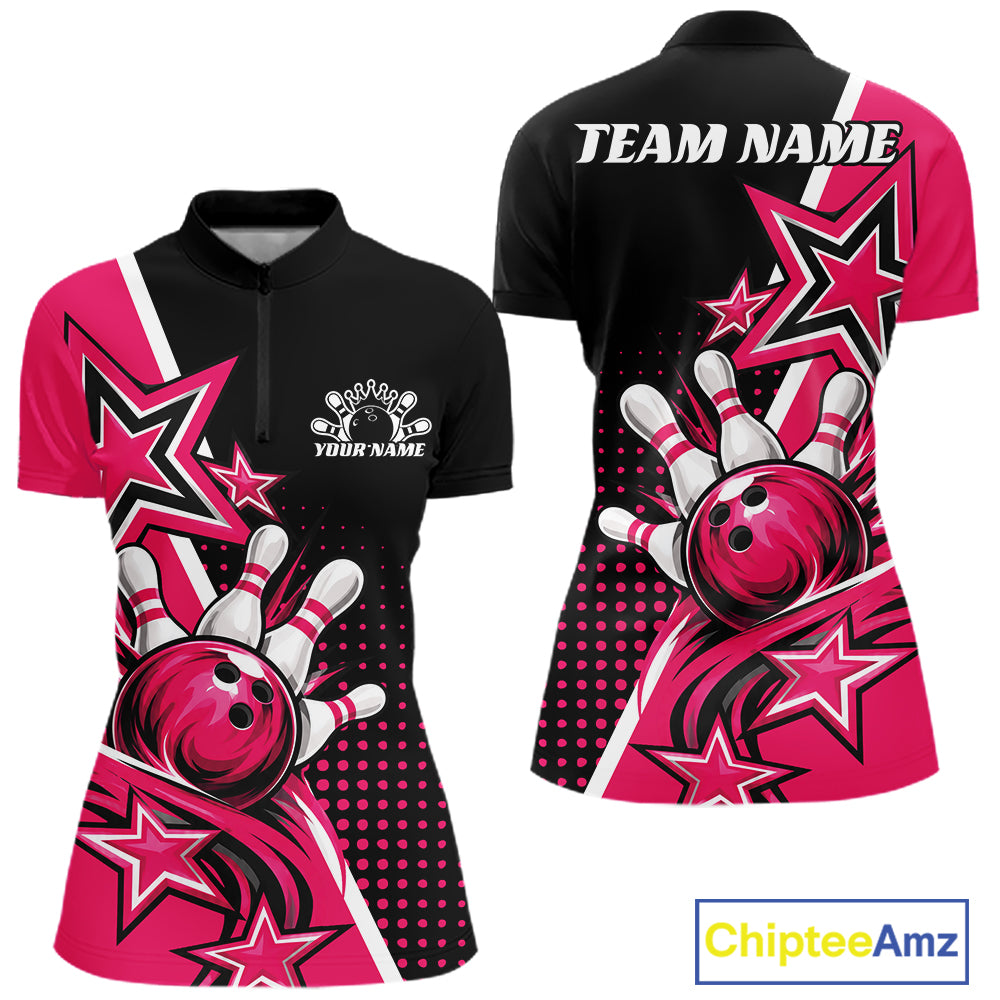 Custom Black And Pink Star Bowling Jersey, Bowling League Team Quarter-Zip Shirt