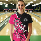 Custom Black And Pink Star Bowling Jersey, Bowling League Team Quarter-Zip Shirt