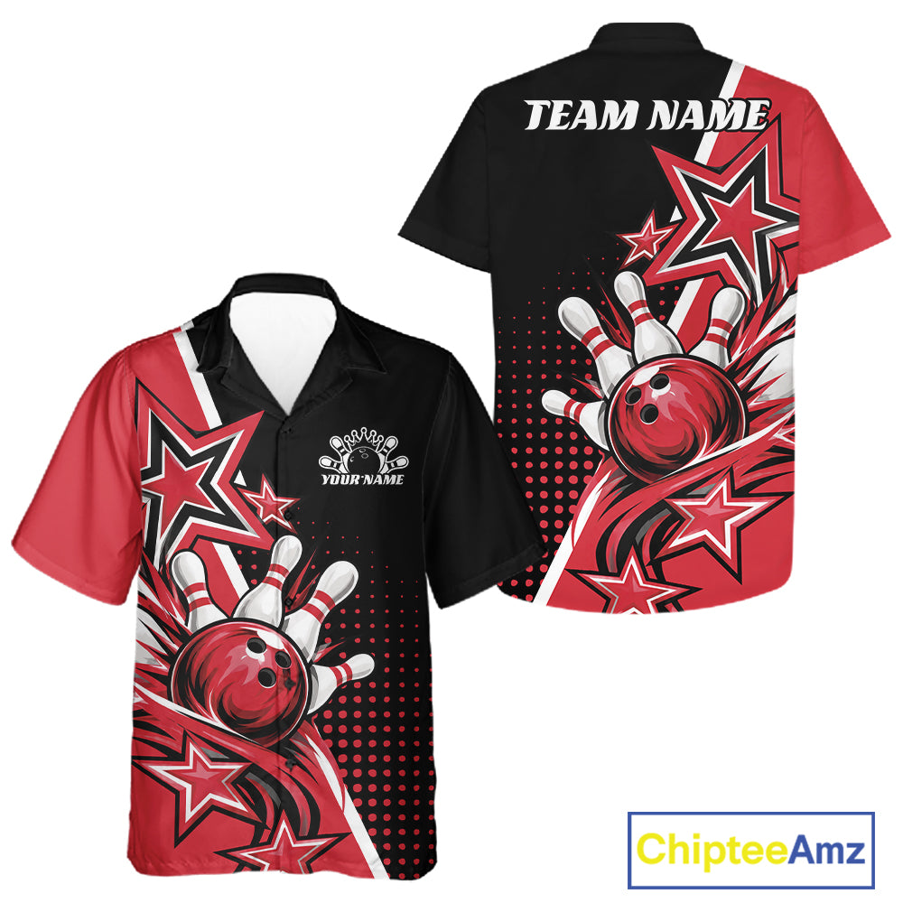 Custom Black And Red Star Bowling Jersey, Bowling League Team And Button Up Shirt