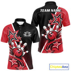 Custom Black And Red Star Bowling Jersey, Bowling League Team Polo Shirt