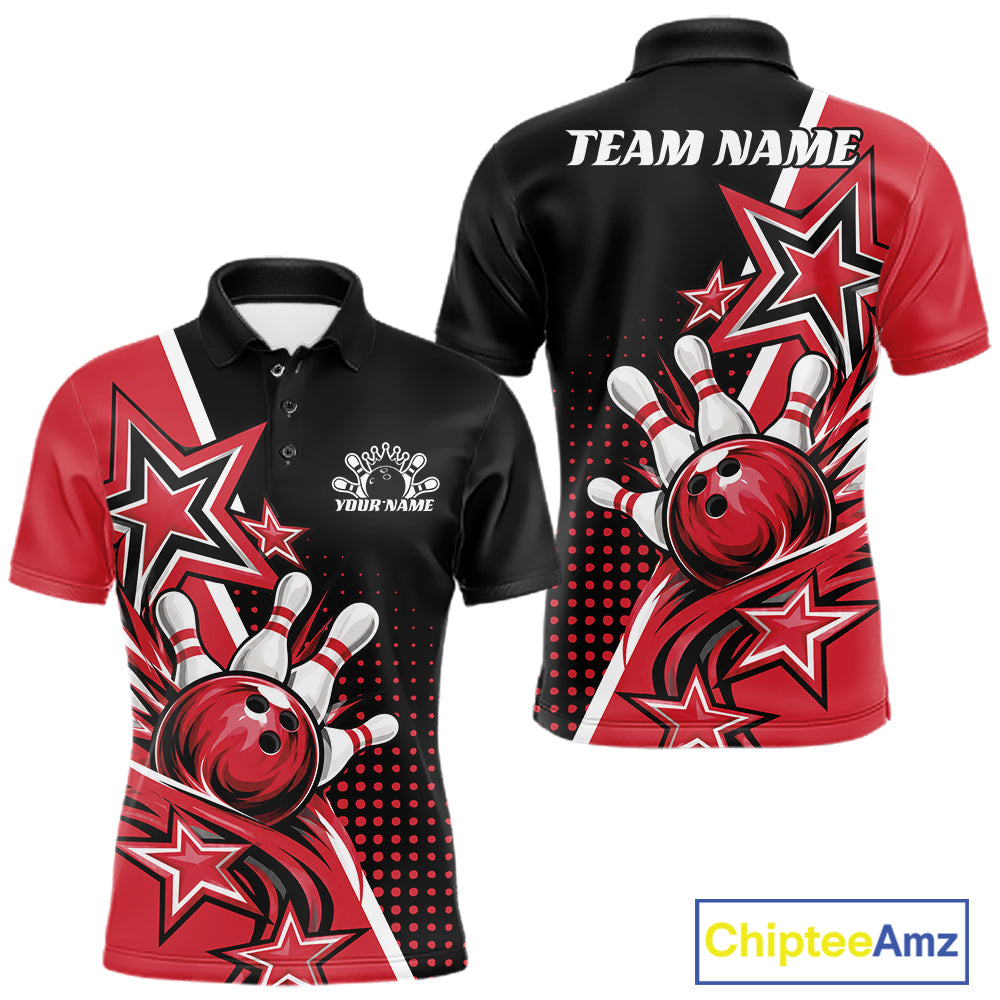 Custom Black And Red Star Bowling Jersey, Bowling League Team Polo Shirt