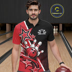 Custom Black And Red Star Bowling Jersey, Bowling League Team Polo Shirt