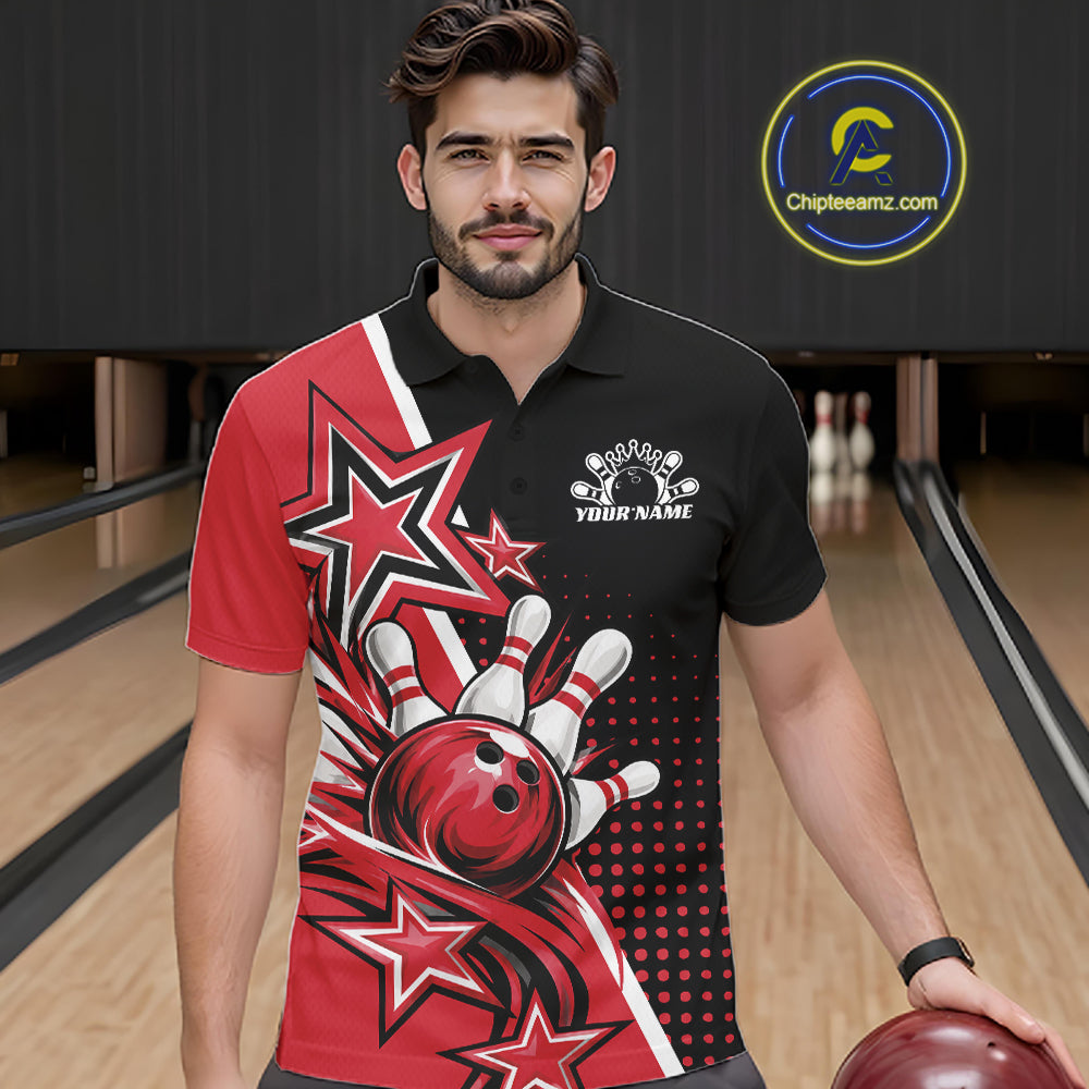 Custom Black And Red Star Bowling Jersey, Bowling League Team Polo Shirt