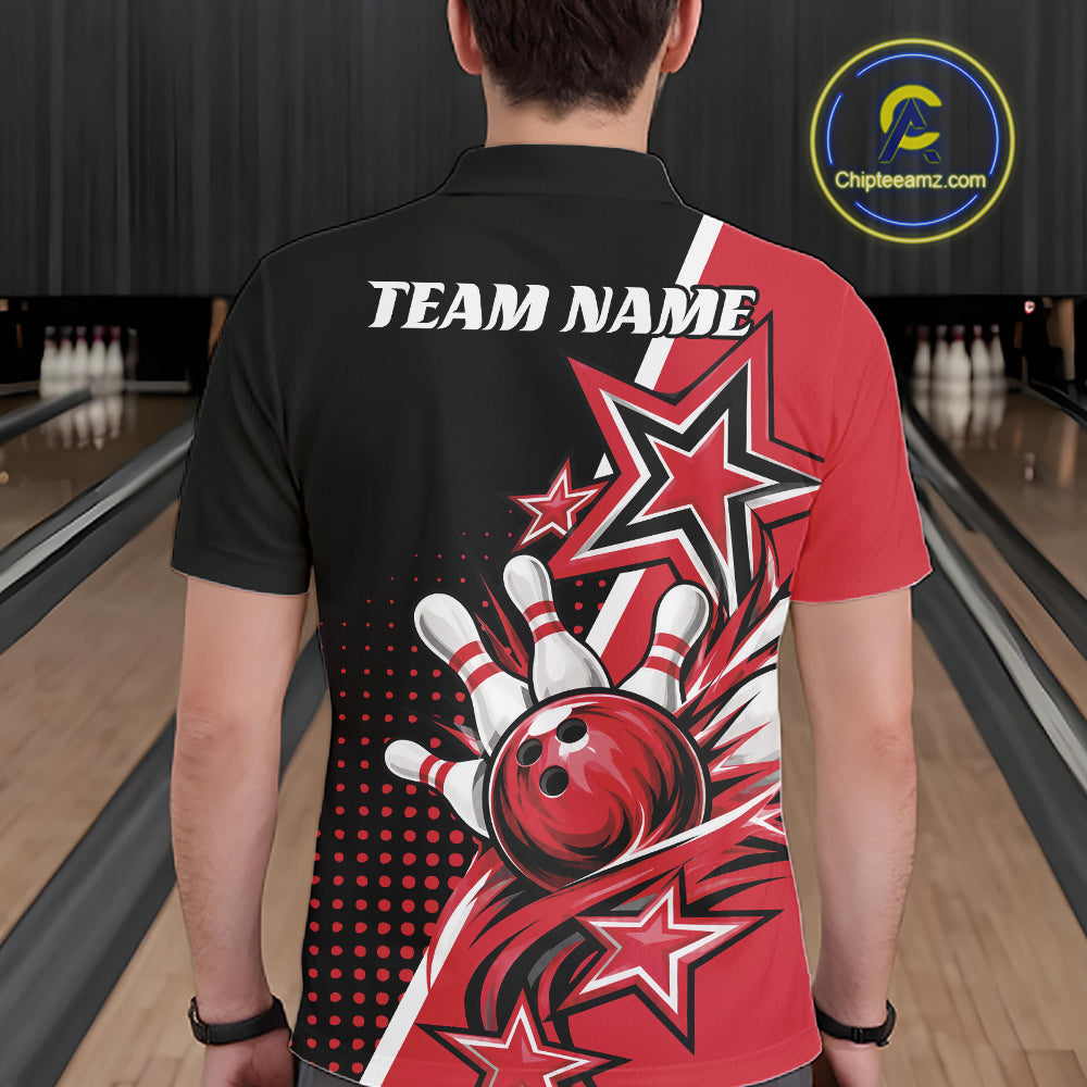 Custom Black And Red Star Bowling Jersey, Bowling League Team Polo Shirt