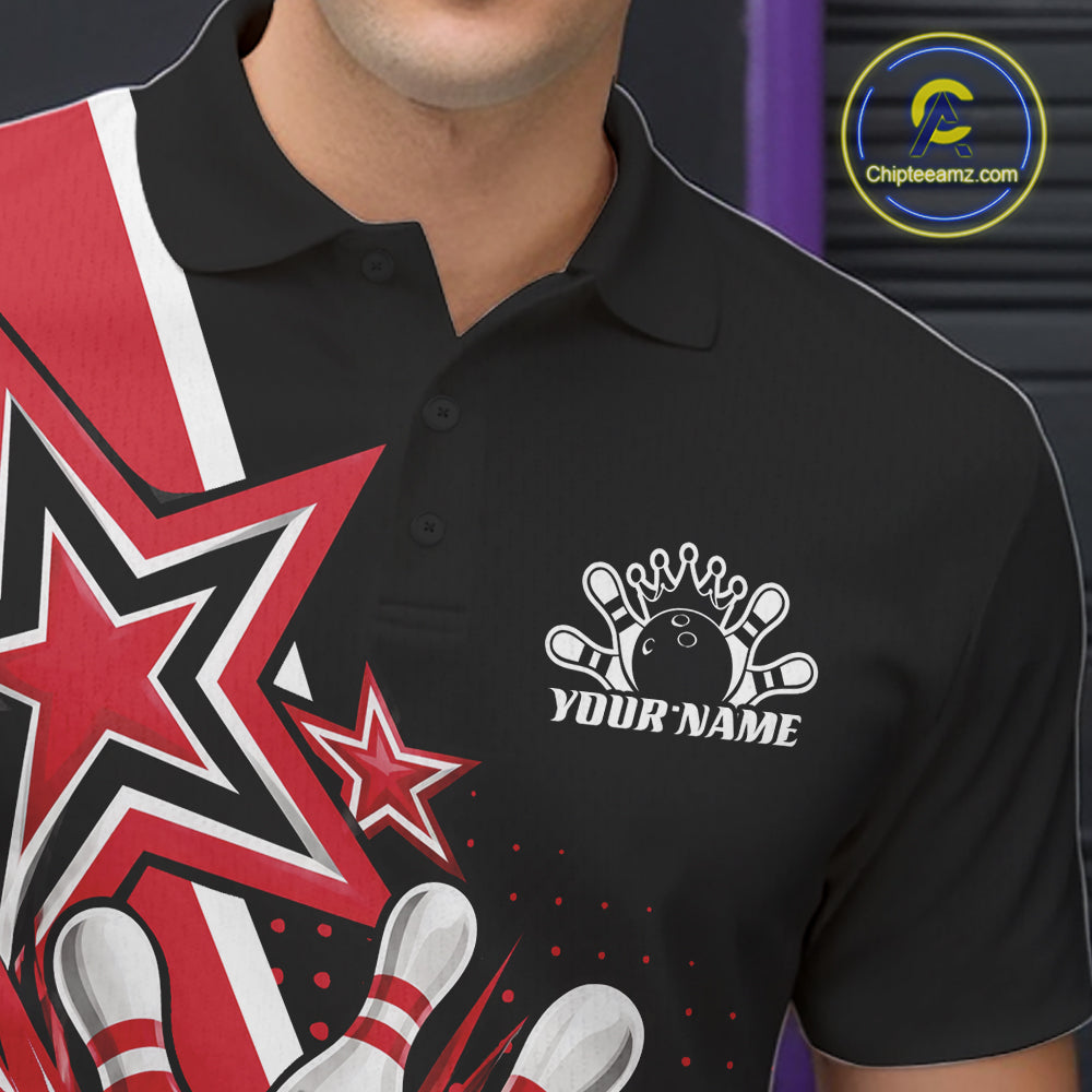 Custom Black And Red Star Bowling Jersey, Bowling League Team Polo Shirt