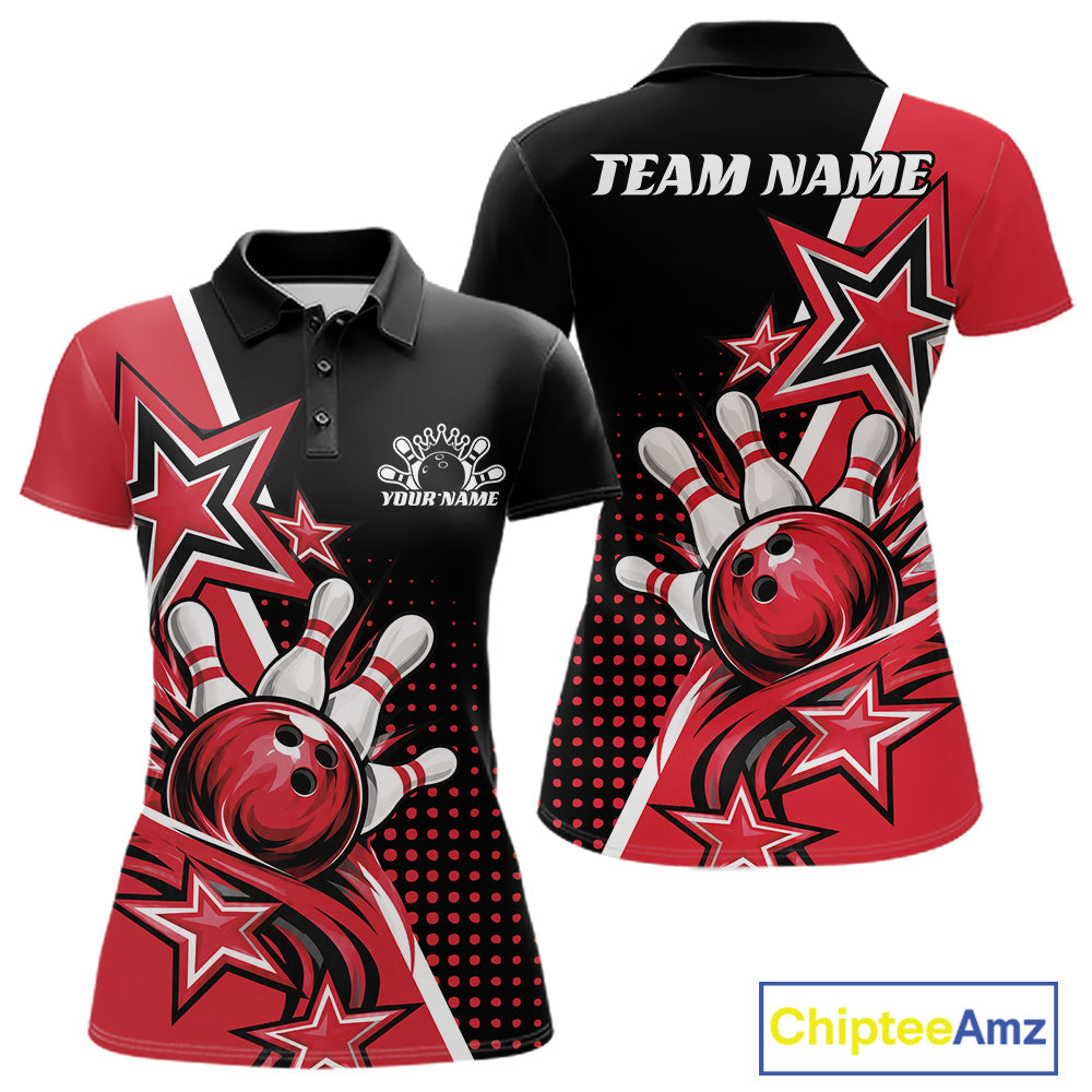 Custom Black And Red Star Bowling Jersey, Bowling League Team Polo Shirt