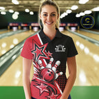 Custom Black And Red Star Bowling Jersey, Bowling League Team Polo Shirt