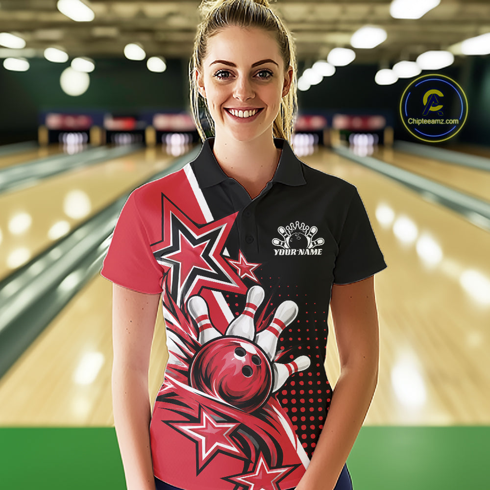 Custom Black And Red Star Bowling Jersey, Bowling League Team Polo Shirt