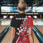 Custom Black And Red Star Bowling Jersey, Bowling League Team Polo Shirt