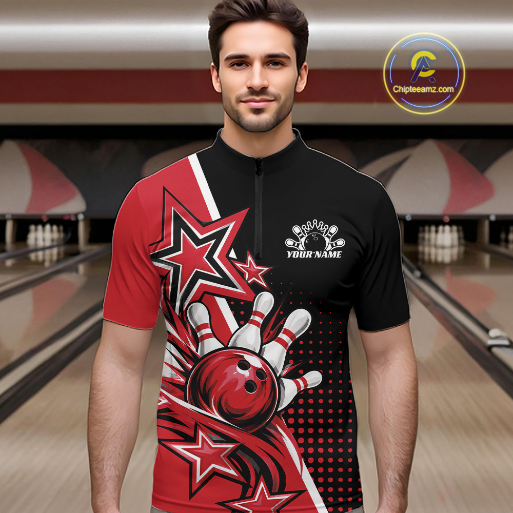 Custom Black And Red Star Bowling Jersey, Bowling League Team Quarter Zip Shirt