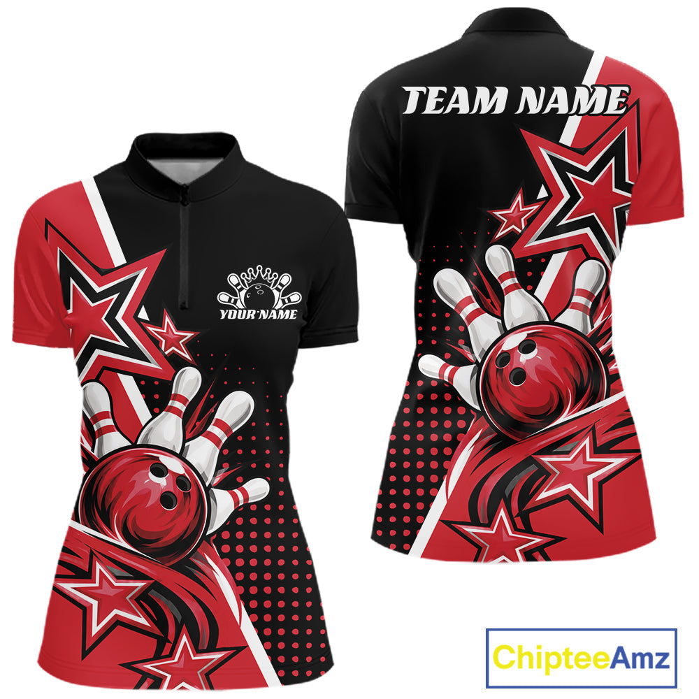 Custom Black And Red Star Bowling Jersey, Bowling League Team Quarter-Zip Shirt