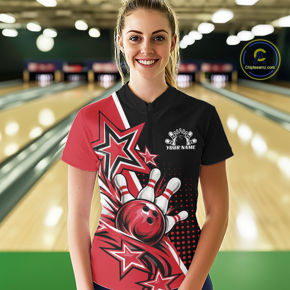Custom Black And Red Star Bowling Jersey, Bowling League Team Quarter-Zip Shirt