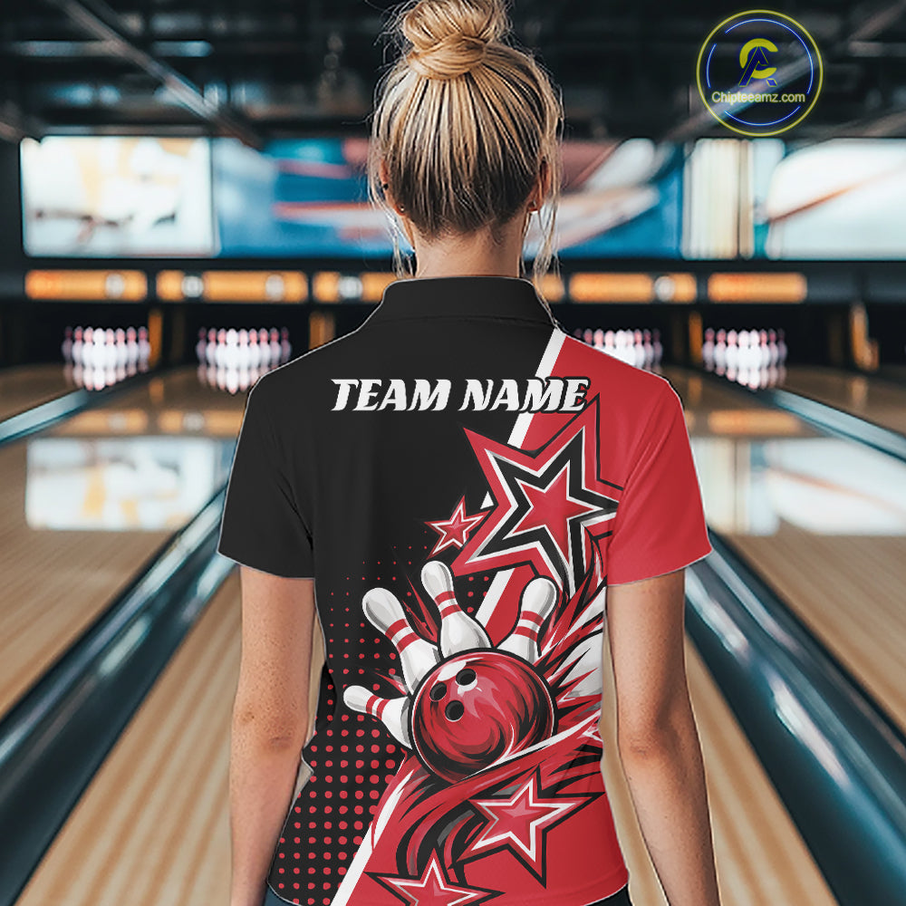 Custom Black And Red Star Bowling Jersey, Bowling League Team Quarter-Zip Shirt